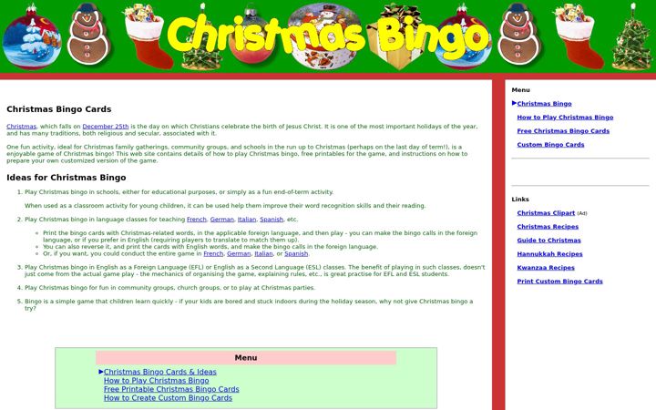 Screenshot stránky christmasbingo.org