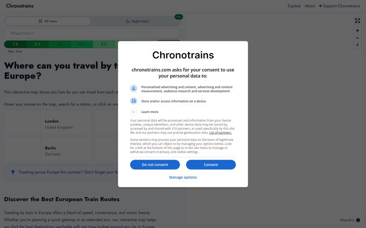 Snímek obrazovky chronotrains.com