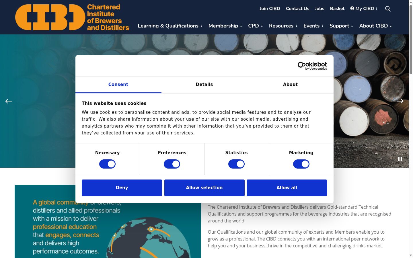 Captura de ecrã do banner de consentimento apresentado antes de qualquer interação