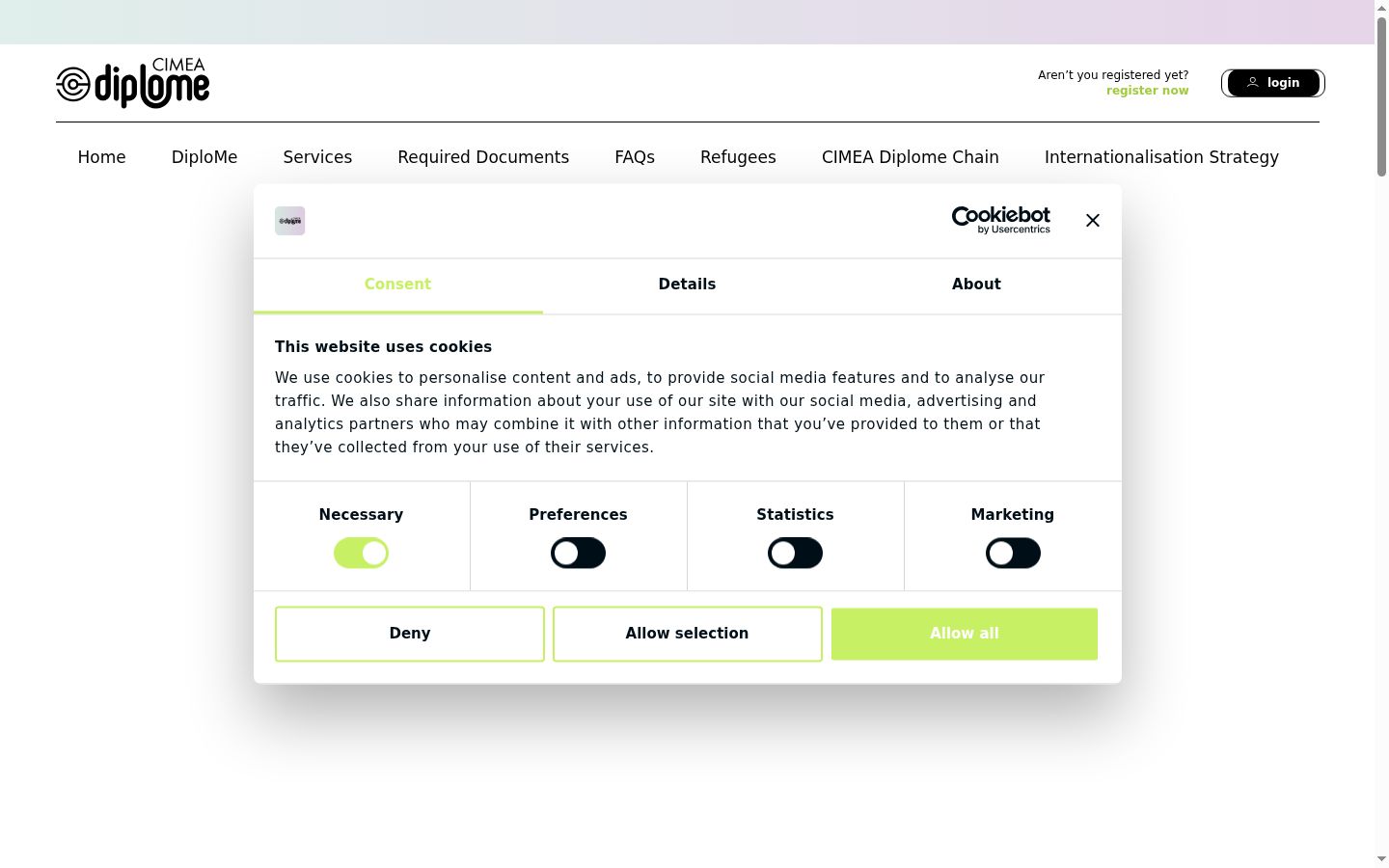 Screenshot del banner di consenso mostrato prima di qualsiasi interazione