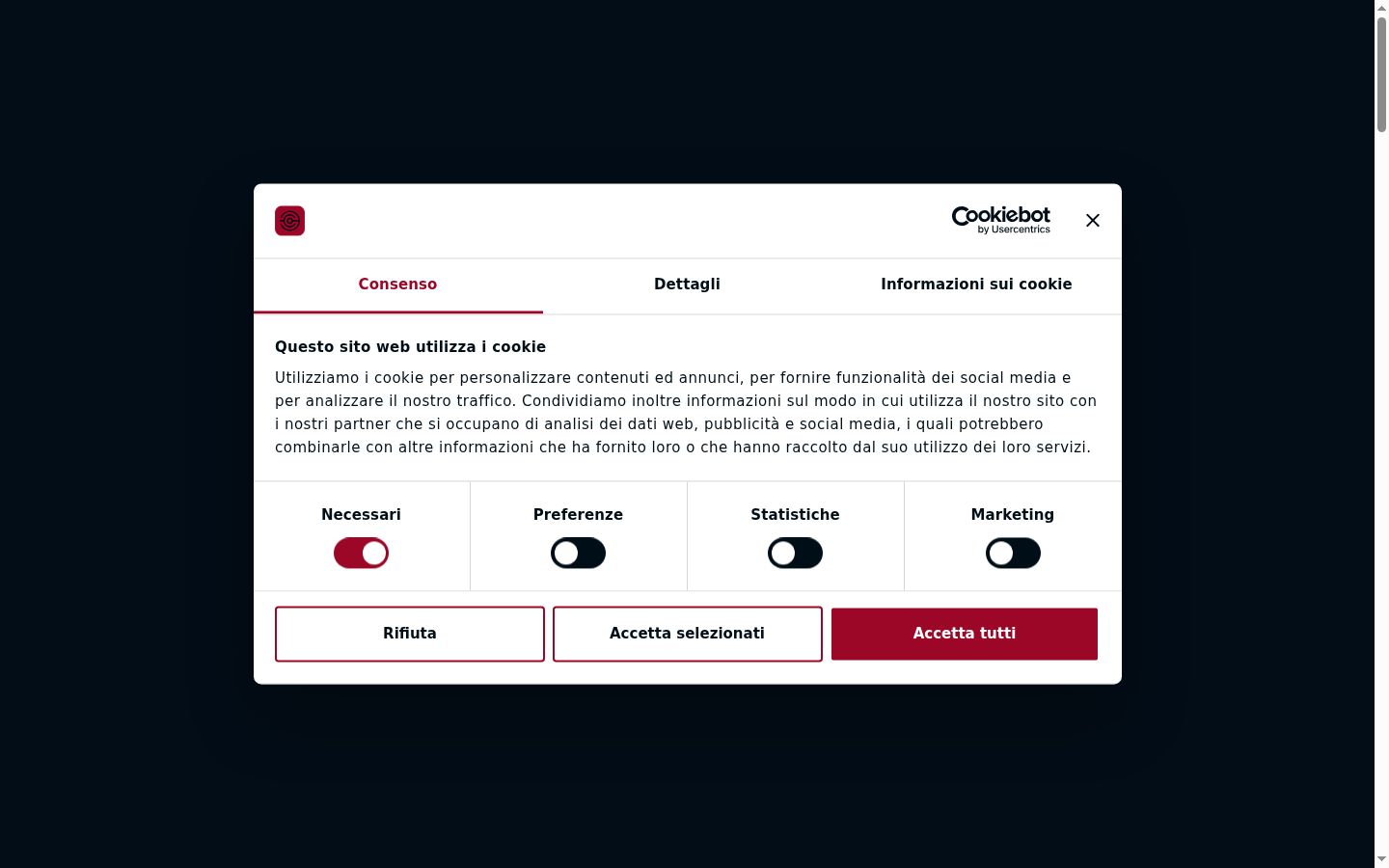 Screenshot del banner di consenso mostrato prima di qualsiasi interazione