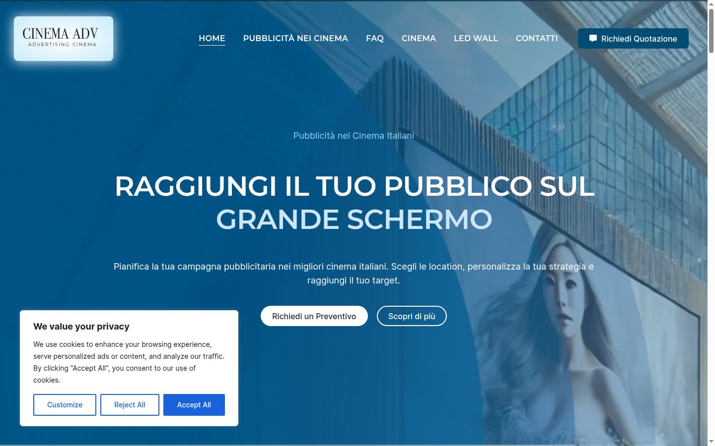 Screenshot del banner di consenso mostrato prima di qualsiasi interazione