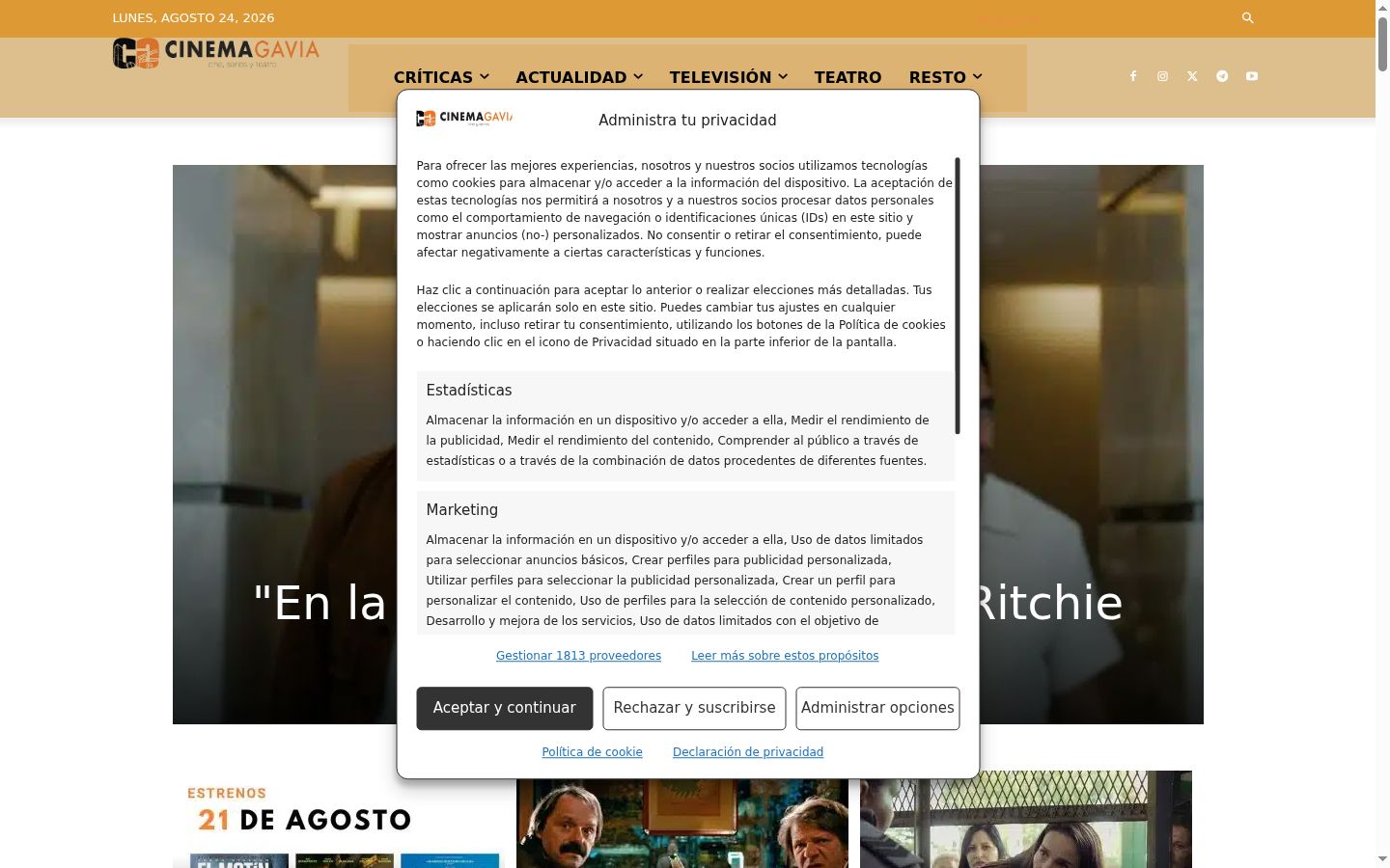 Captura de pantalla del banner de consentimiento mostrado antes de cualquier interacción