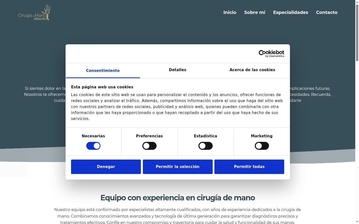Captura de pantalla del banner de consentimiento mostrado antes de cualquier interacción