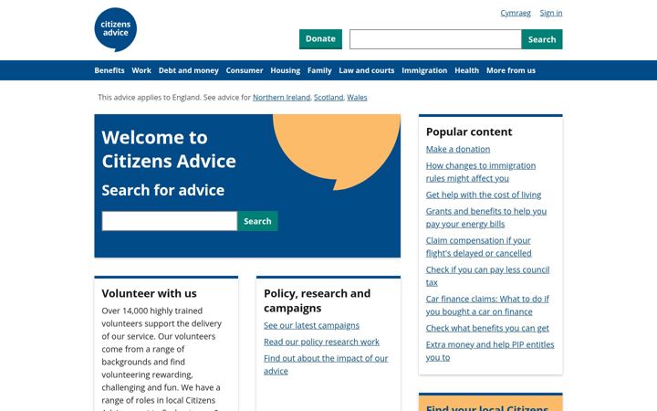 Screenshot of citizensadvice.org.uk