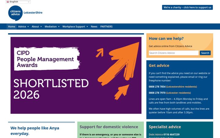 Kuvakaappaus sivustosta citizensadviceleicestershire.org