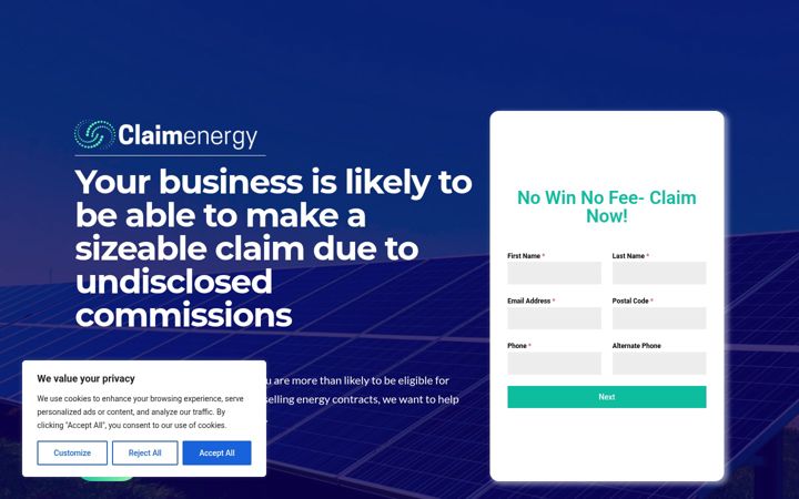 Snímek obrazovky claimenergy.co.uk