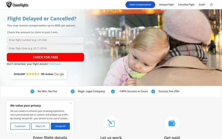 Snímek obrazovky claimflights.co.uk