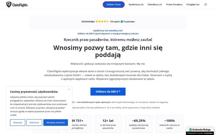 Screenshot stránky claimflights.pl