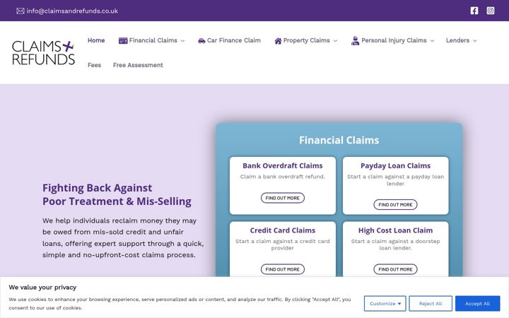 Snímek obrazovky claimsandrefunds.co.uk