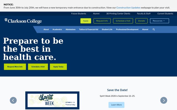 Screenshot of clarksoncollege.edu
