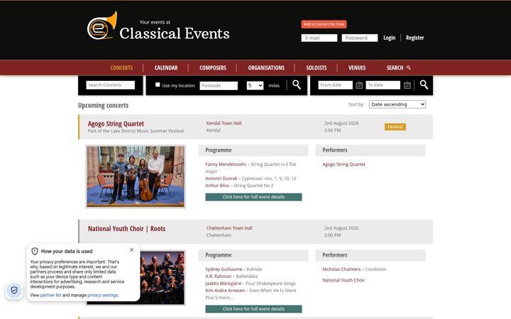 Captura de ecrã de classicalevents.co.uk