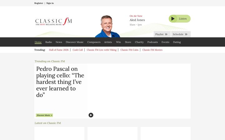 Snímek obrazovky classicfm.com