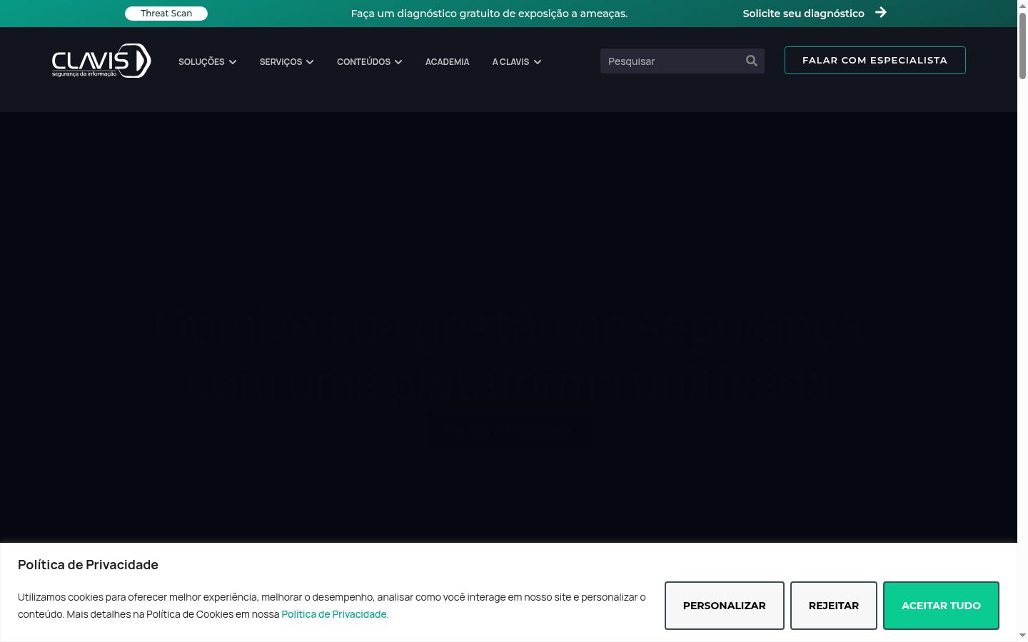 Captura de ecrã do banner de consentimento apresentado antes de qualquer interação