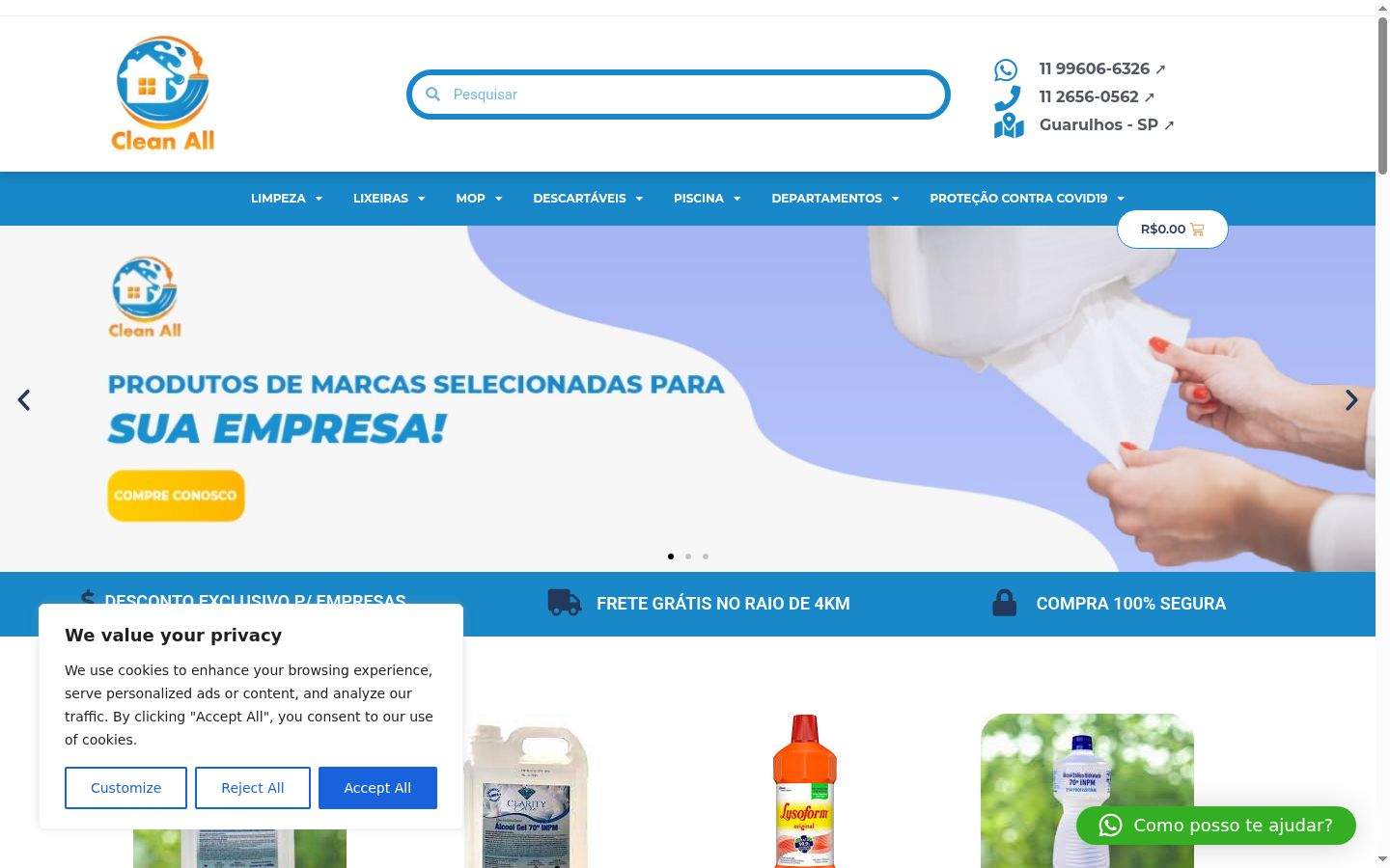 Captura de ecrã do banner de consentimento apresentado antes de qualquer interação