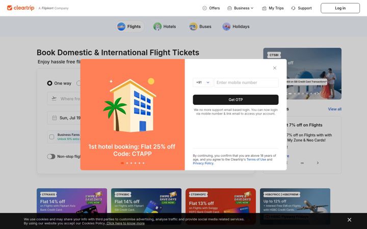 Snímek obrazovky cleartrip.com