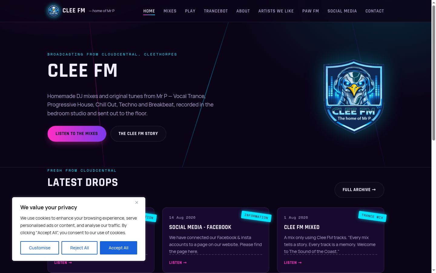 Screenshot del banner di consenso mostrato prima di qualsiasi interazione