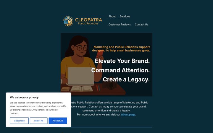 Screenshot of cleopatrapublicrelations.com