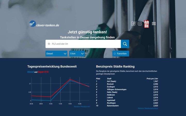 Snímek obrazovky clever-tanken.de