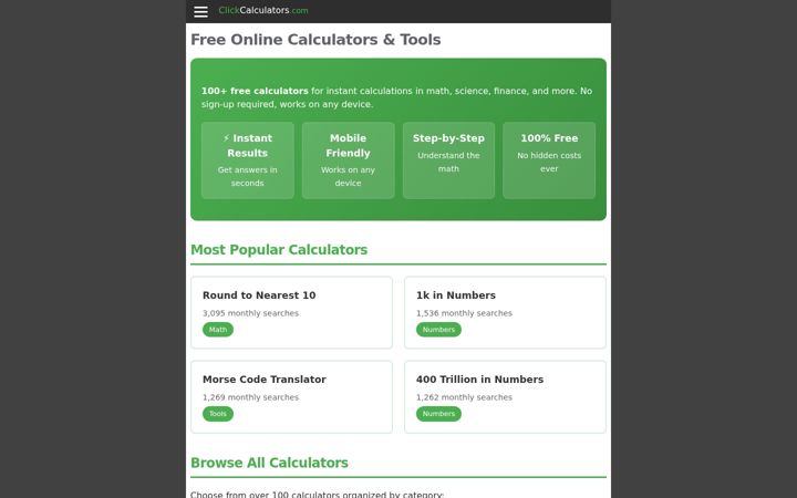 Screenshot of clickcalculators.com