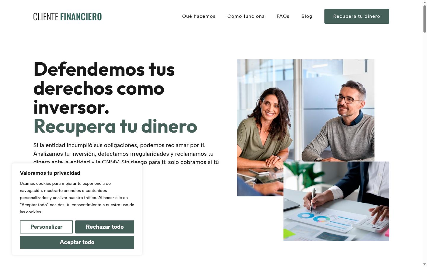 Captura de pantalla del banner de consentimiento mostrado antes de cualquier interacción