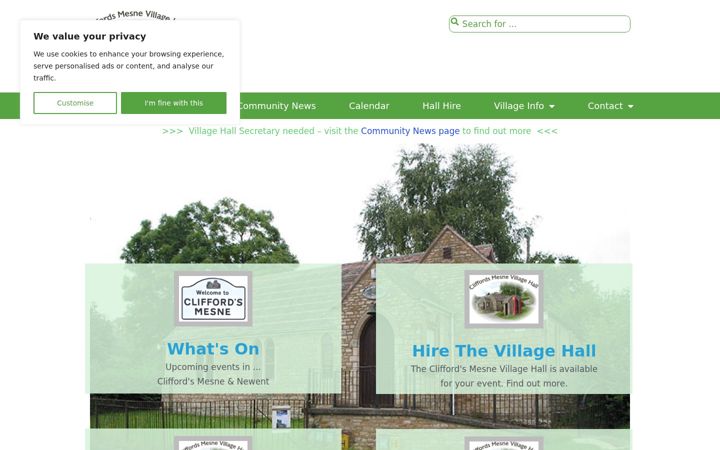 Screenshot of cliffordsmesnevillagehall.co.uk