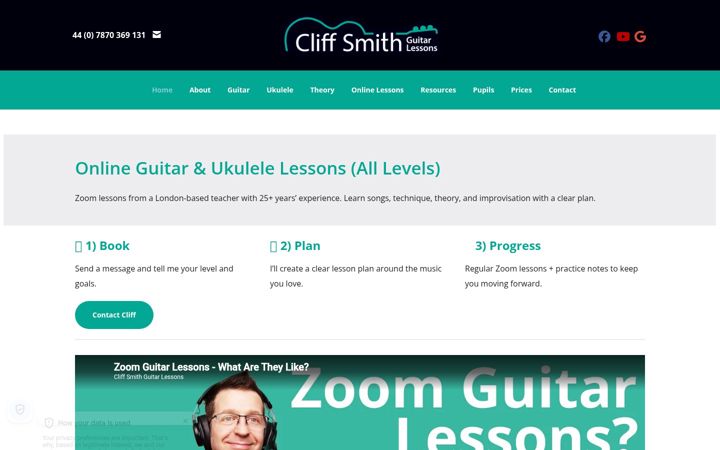 Screenshot of cliffsmithguitarlessons.co.uk