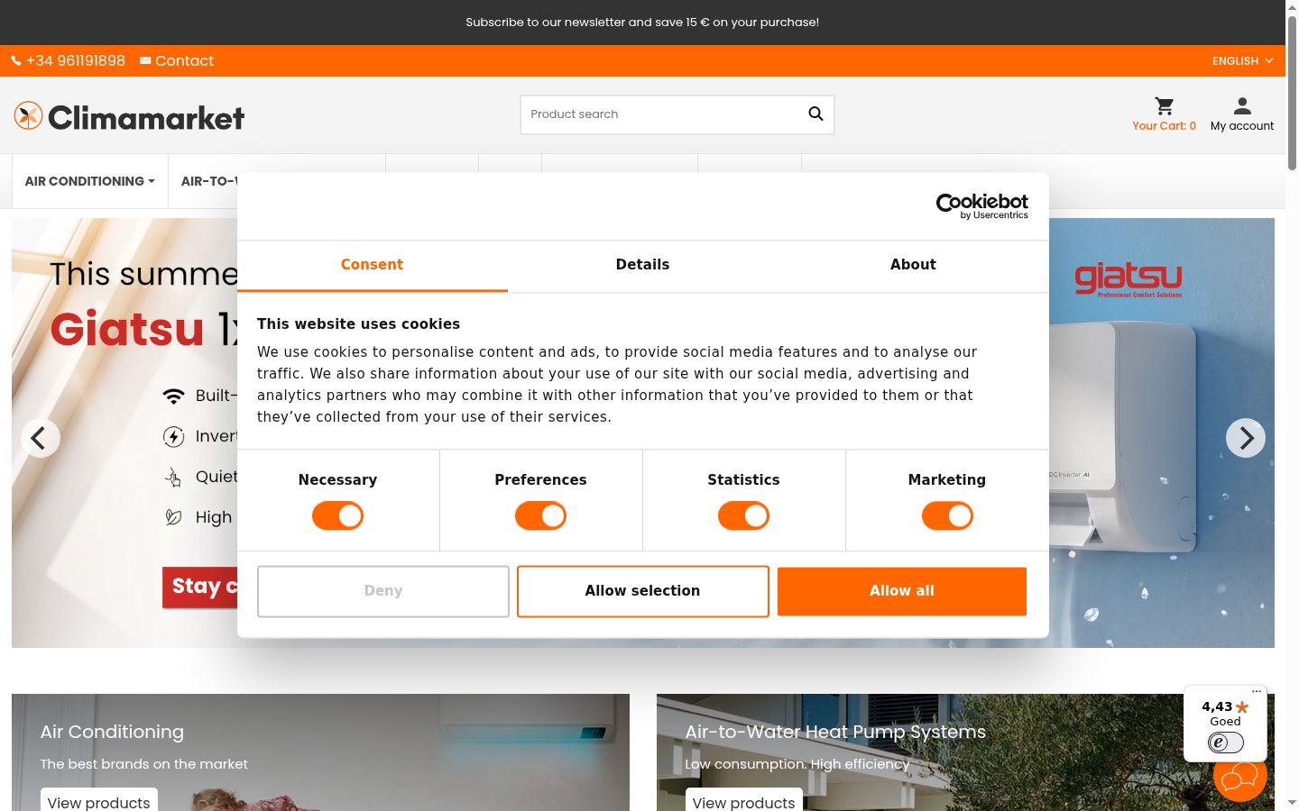 Screenshot del banner di consenso mostrato prima di qualsiasi interazione