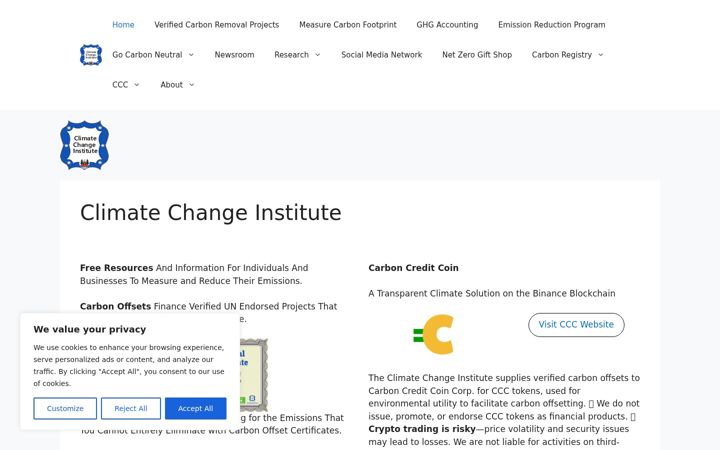Captură de ecran a climatechangeinstitute.net