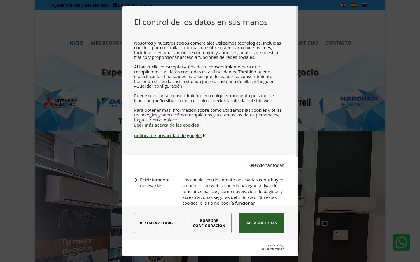 Captura de pantalla del banner de consentimiento mostrado antes de cualquier interacción