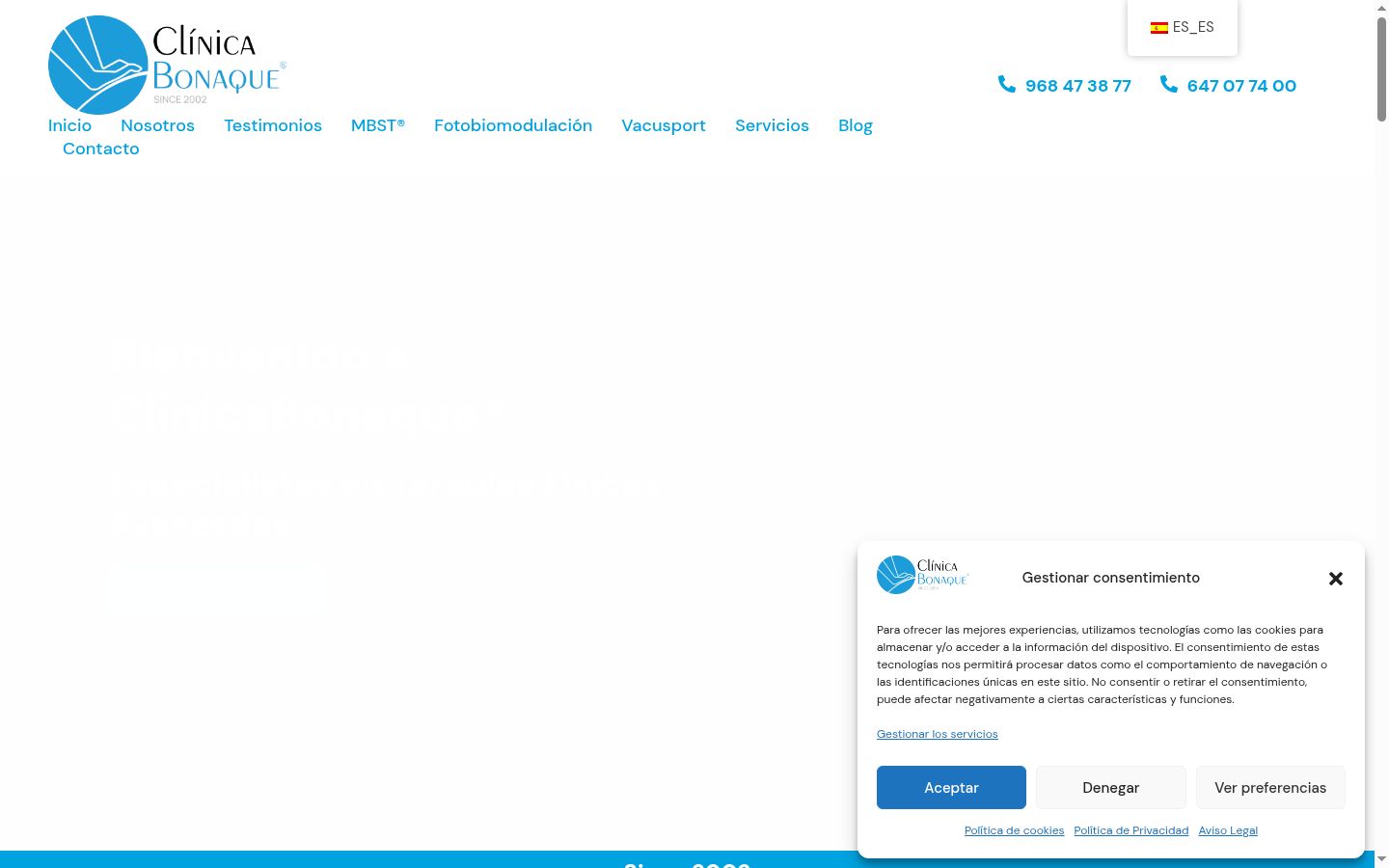 Captura de ecrã do banner de consentimento apresentado antes de qualquer interação