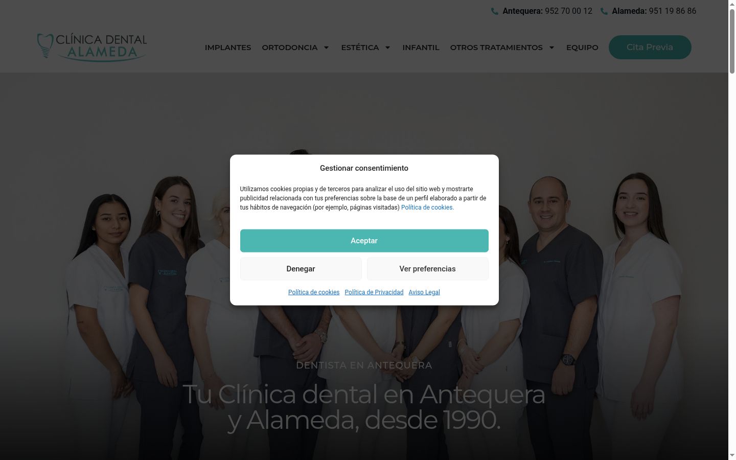 Captura de pantalla del banner de consentimiento mostrado antes de cualquier interacción