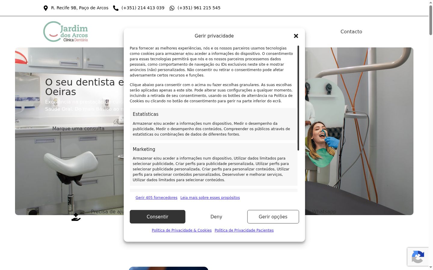 Captura de ecrã do banner de consentimento apresentado antes de qualquer interação