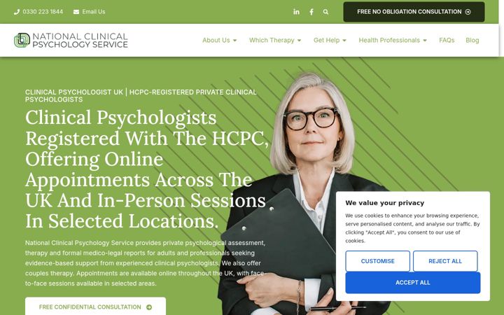 Screenshot of clinicalpsychologyservice.co.uk