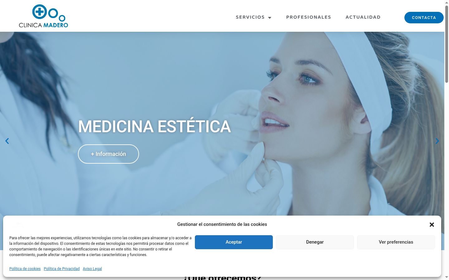 Captura de pantalla del banner de consentimiento mostrado antes de cualquier interacción