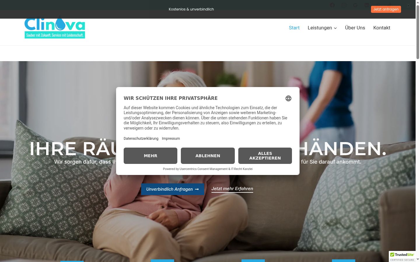 Screenshot des Einwilligungsbanners vor jeglicher Interaktion