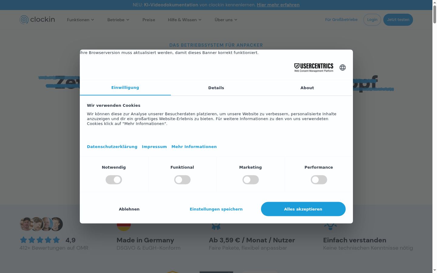 Sutikimo reklamjuostės, rodytos prieš bet kokią sąveiką, ekrano kopija