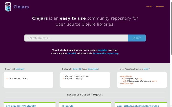 Screenshot of clojars.org