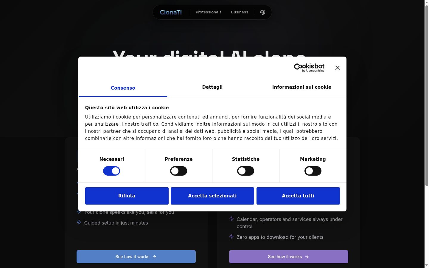 Screenshot del banner di consenso mostrato prima di qualsiasi interazione