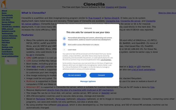Screenshot of clonezilla.org
