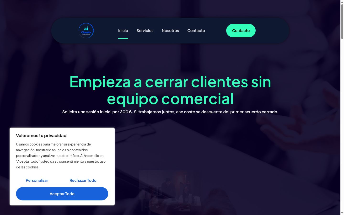 Captura de ecrã do banner de consentimento apresentado antes de qualquer interação