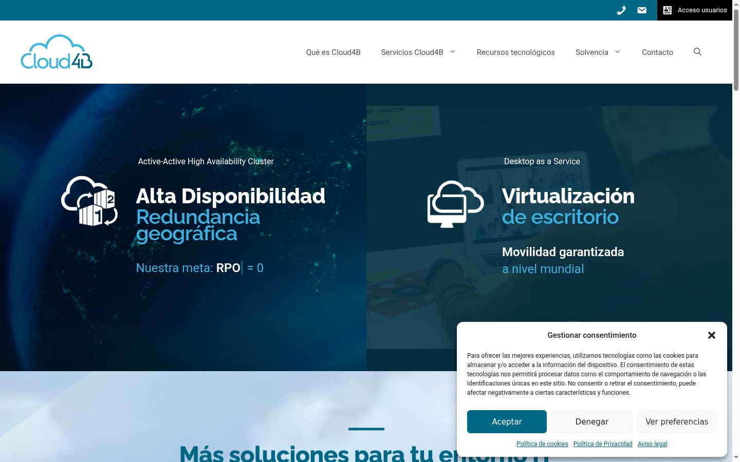Captura de pantalla del banner de consentimiento mostrado antes de cualquier interacción