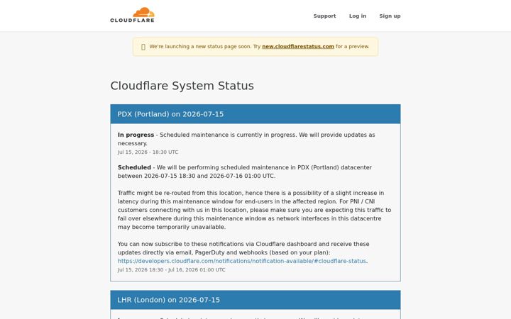 Екранна снимка на cloudflarestatus.com
