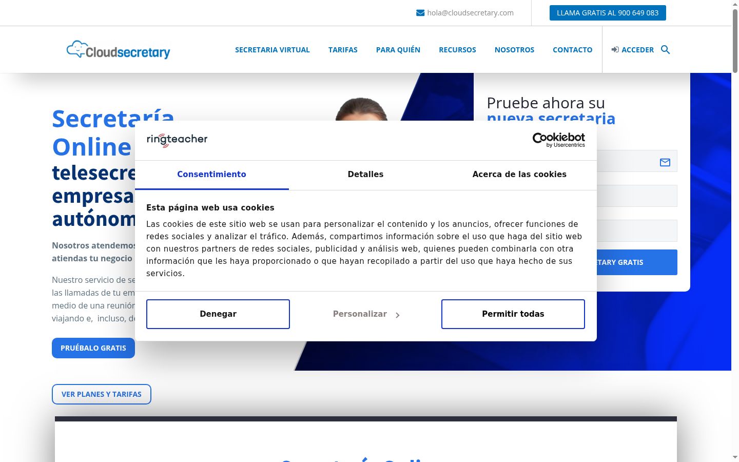 Captura de ecrã do banner de consentimento apresentado antes de qualquer interação
