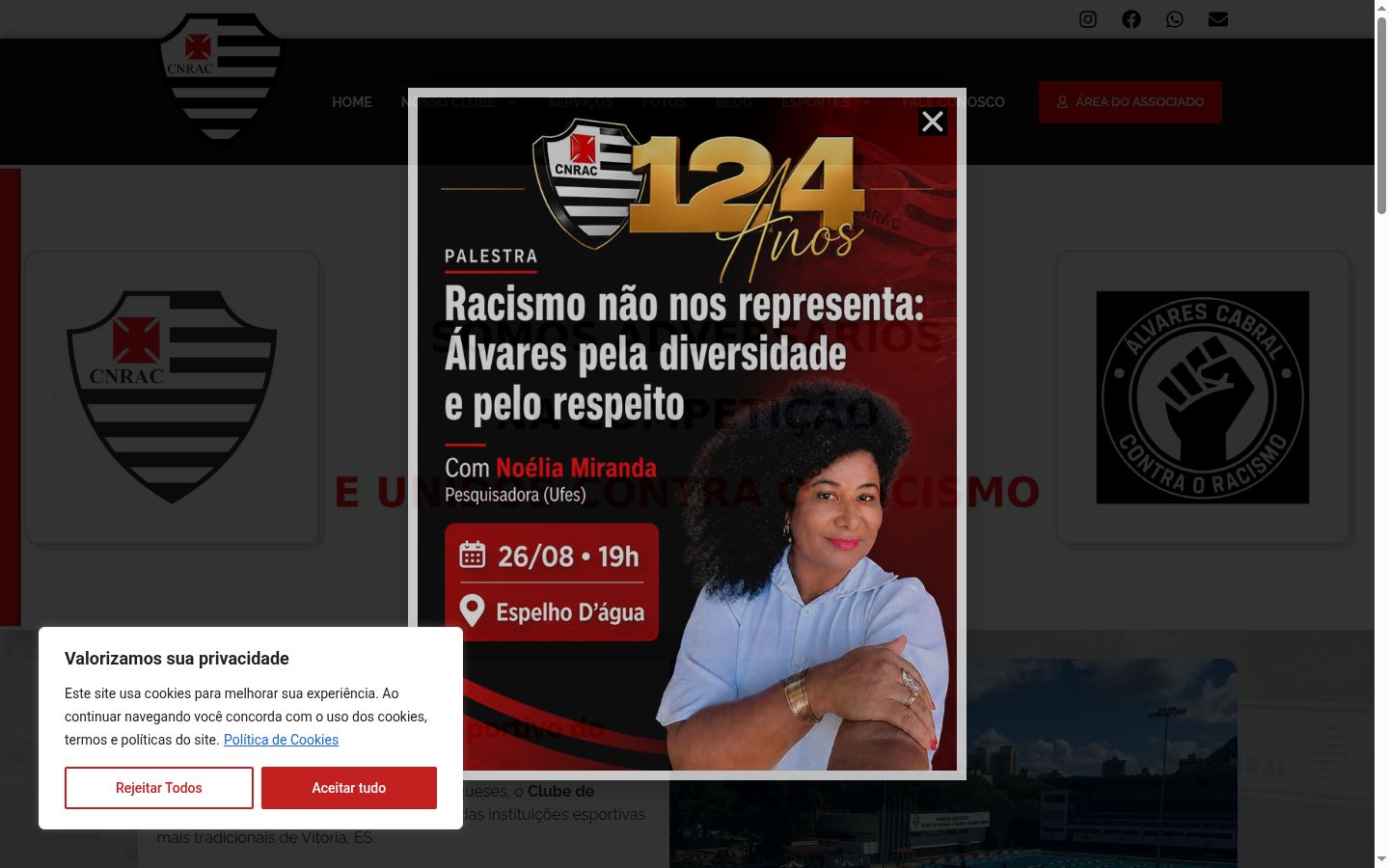 Captura de ecrã do banner de consentimento apresentado antes de qualquer interação