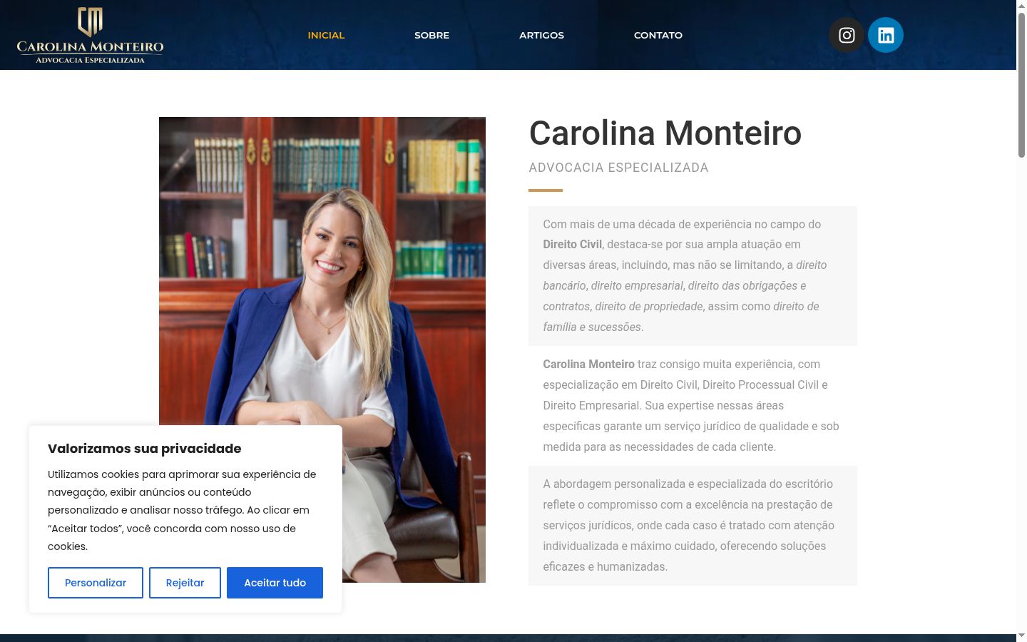 Captura de ecrã do banner de consentimento apresentado antes de qualquer interação
