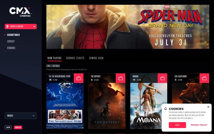 Screenshot of cmxcinemas.com