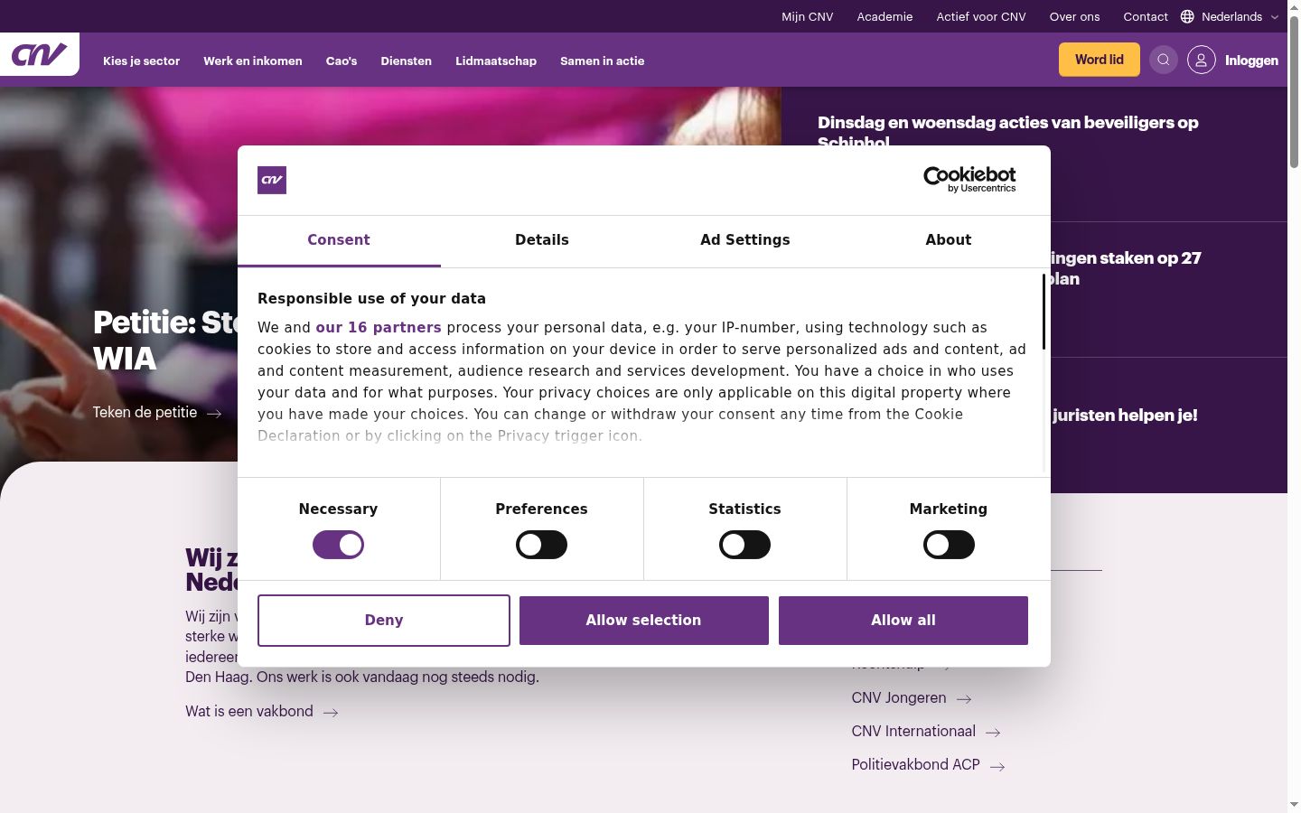 Captura de ecrã do banner de consentimento apresentado antes de qualquer interação