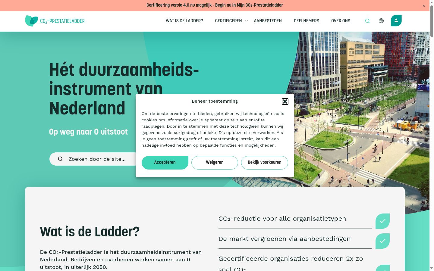Screenshot van de toestemmingsbanner zoals getoond vóór enige interactie
