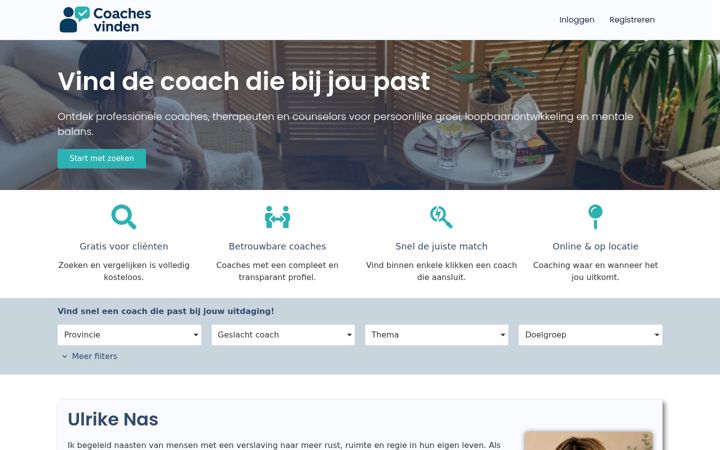 Screenshot van coachesvinden.nl